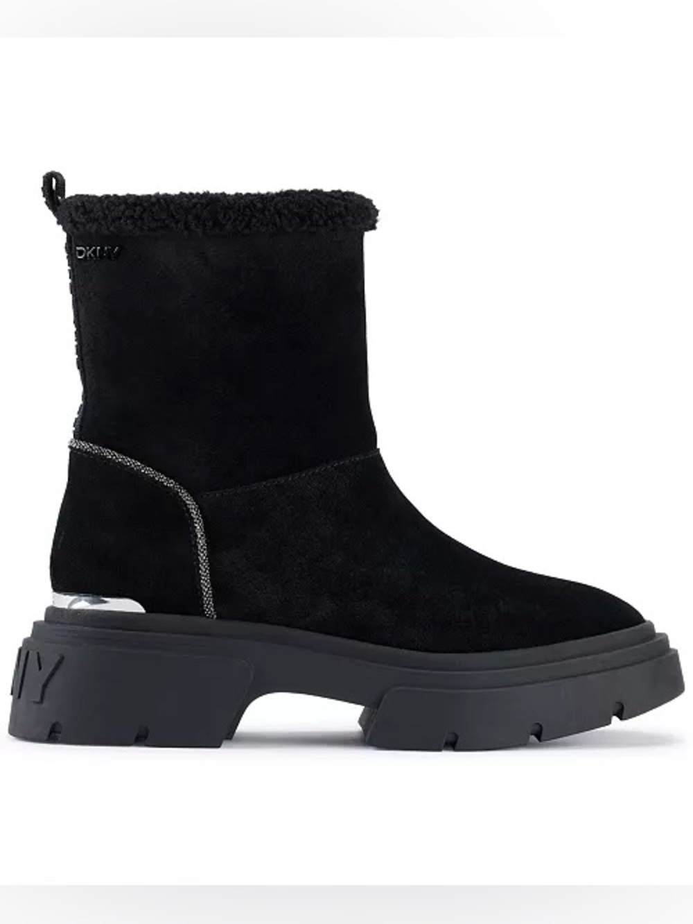 DKNY Frankie Black Suede Lug Sole Ankle Boots Sherpa Cuff Chain Trim 8.5